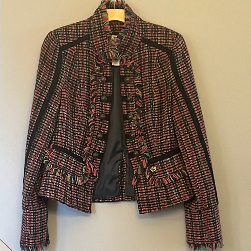 Textured Multicolor Tweed Fringe Blazer Jacket - Women's